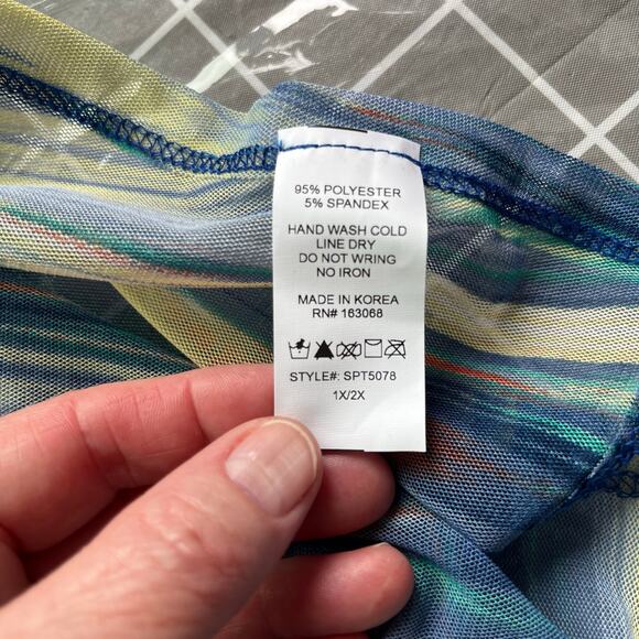 Blue Multicolor Sheer Mesh Cinched Waist V-Neck Oversize Cover-Up Plus 1X/2X NWT - Picture 12 of 15